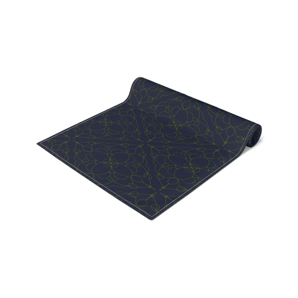 Geometric Starry Night Table Runner — Navy & Lime Cotton-Poly Blend