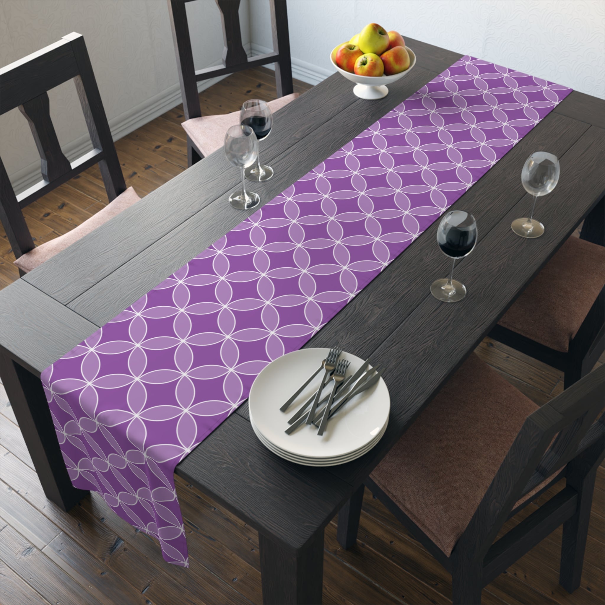 Purple Geometric Table Runner – Modern Circle Pattern Dining Decor