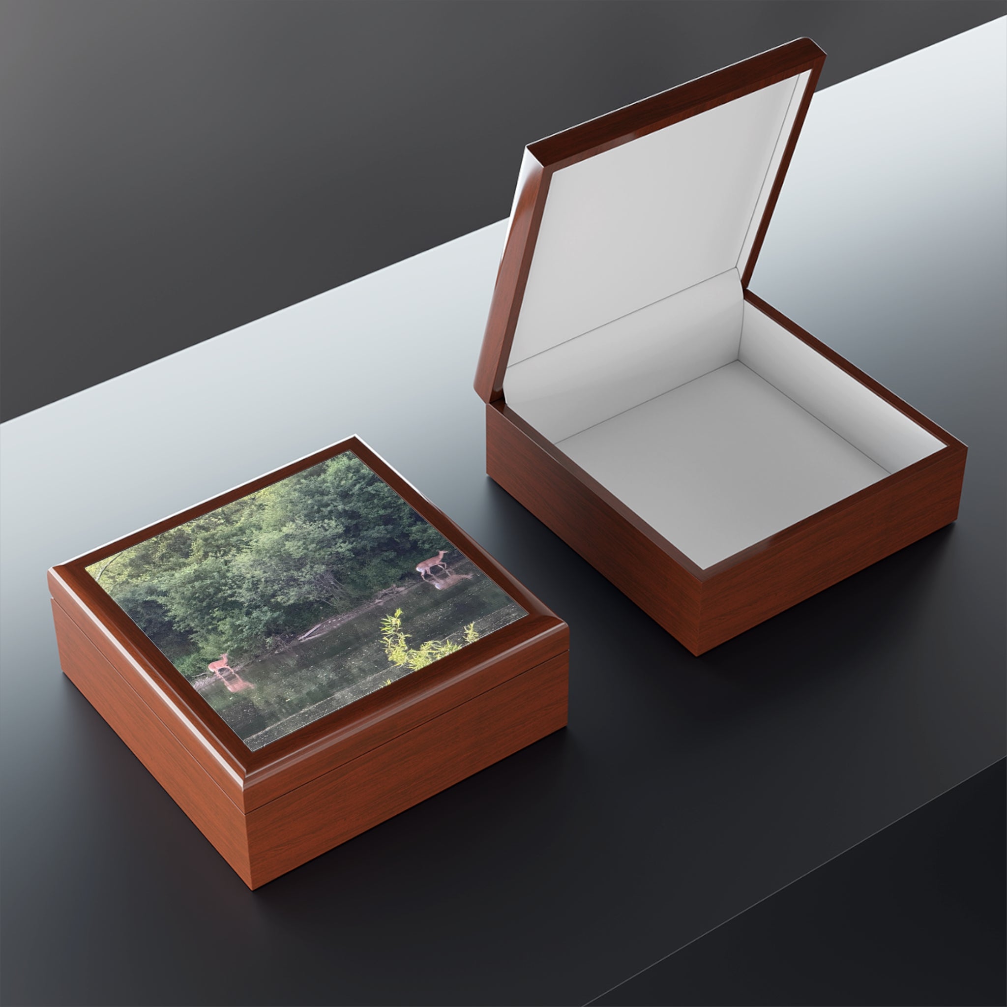 Woodland Deer Jewelry Box — Scenic Lake Reflection Keepsake Box