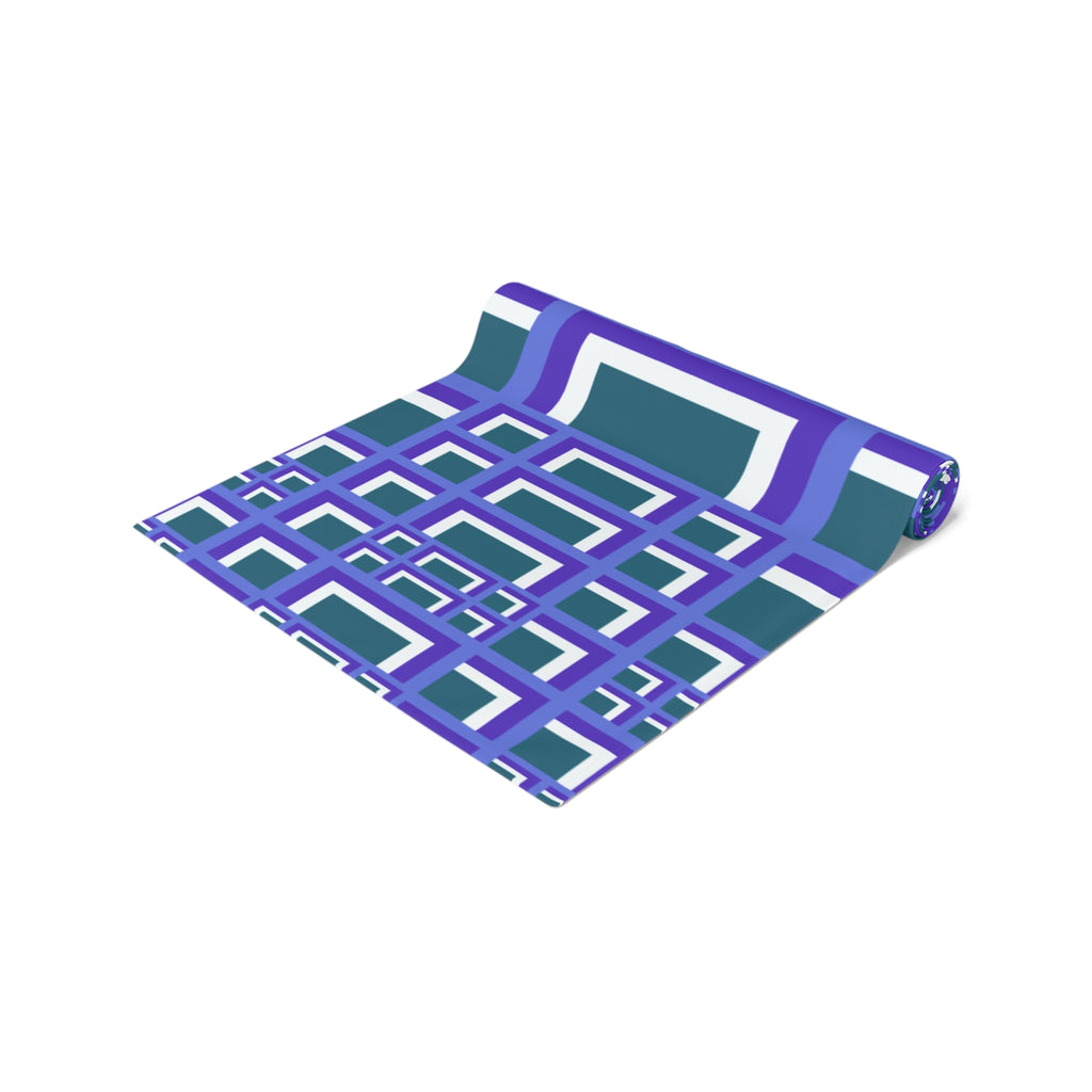 Geometric Purple Square Table Runner — Modern Retro Pattern Cotton-Poly Blend