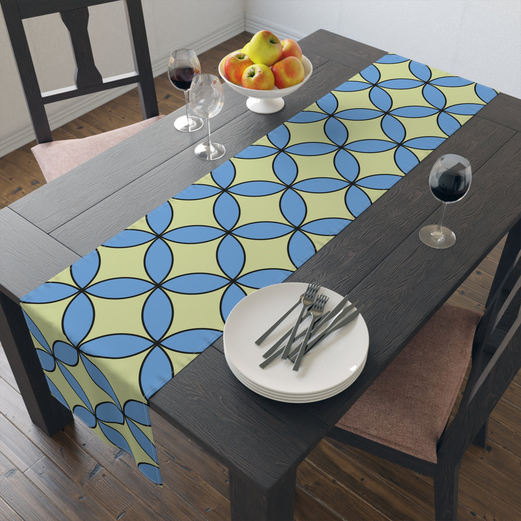 Geometric Blossom Table Runner — Blue & Lime Retro Pattern