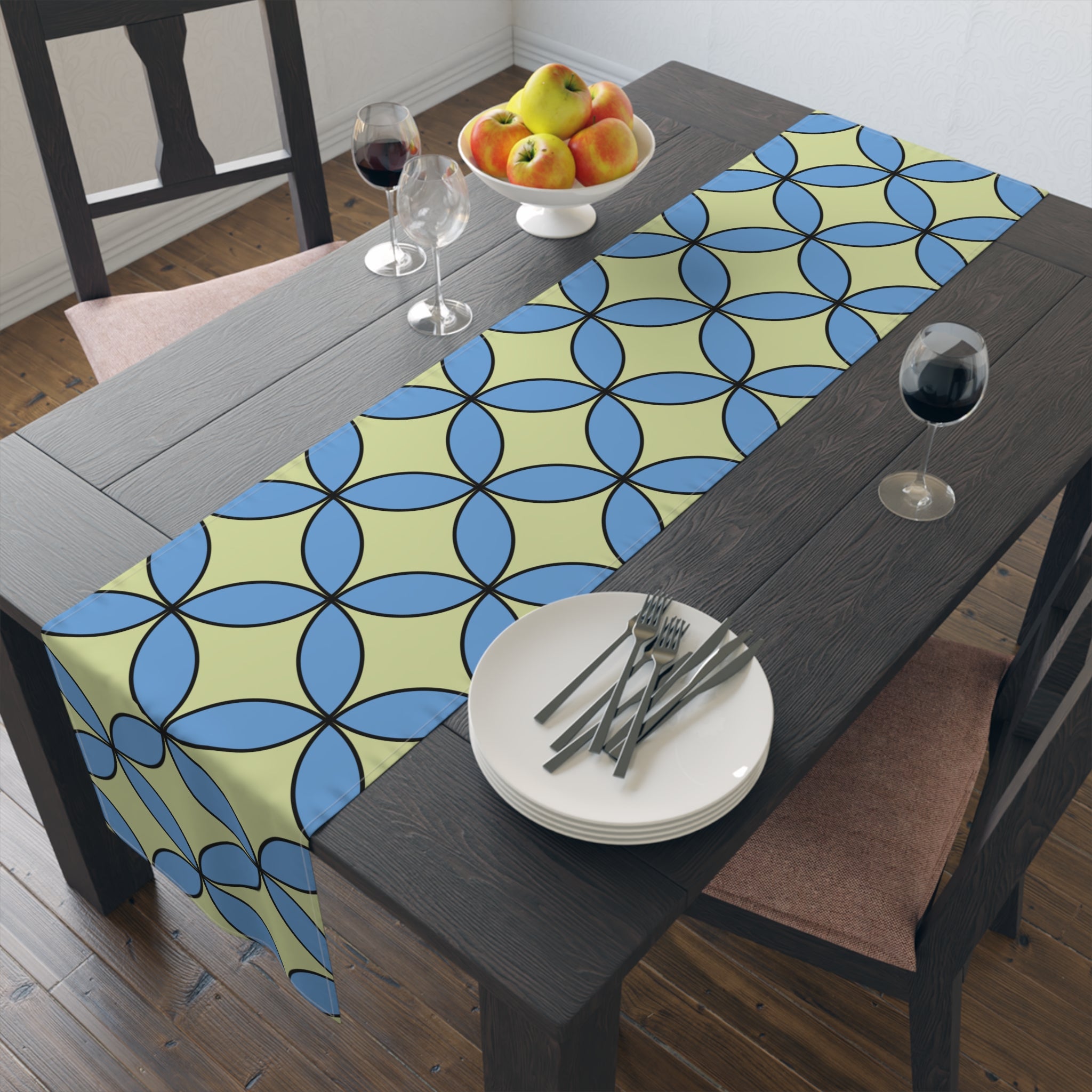 Geometric Blossom Table Runner — Blue & Lime Retro Pattern