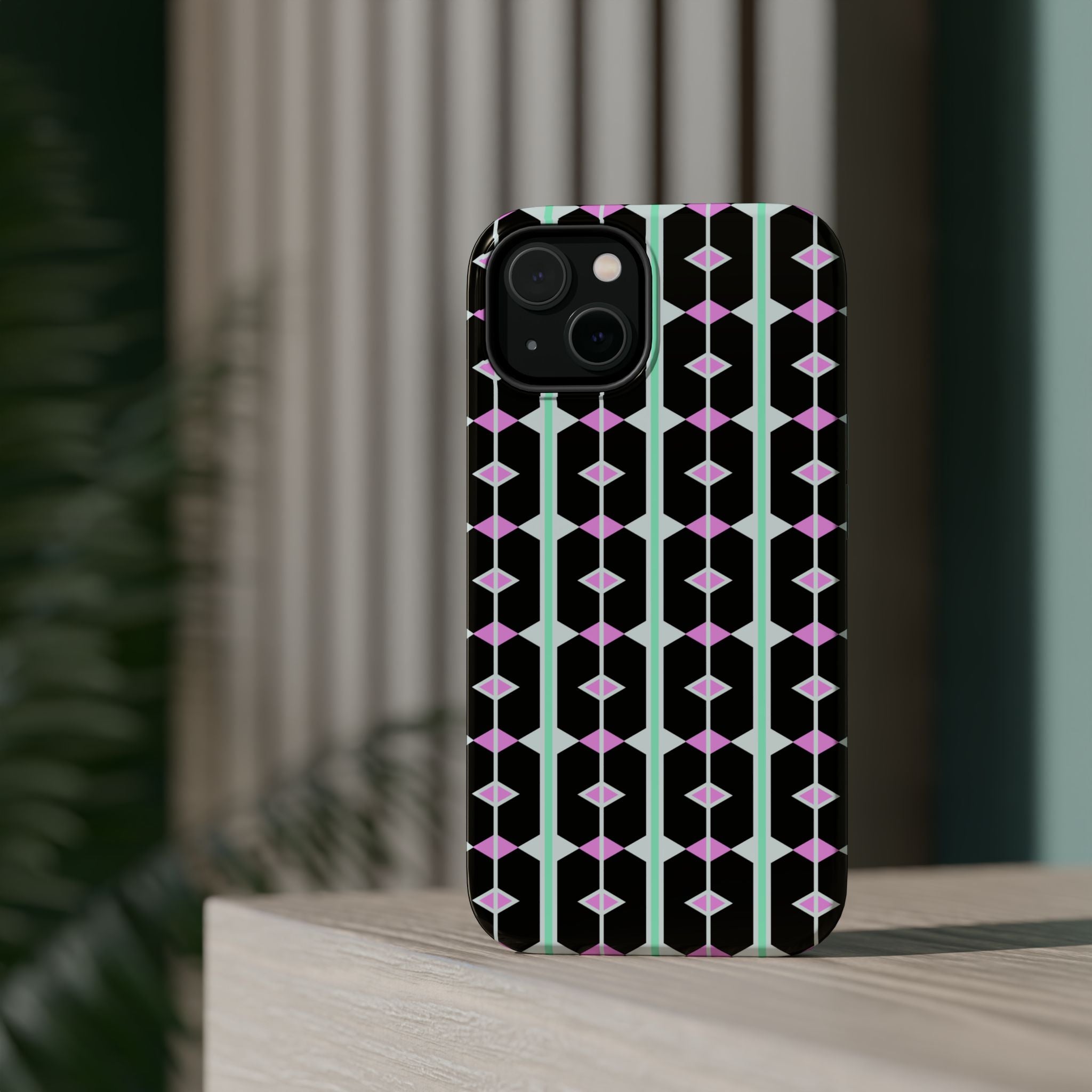 Geom Stripe Magnetic Phone Case — Black with Mint & Lavender Pattern