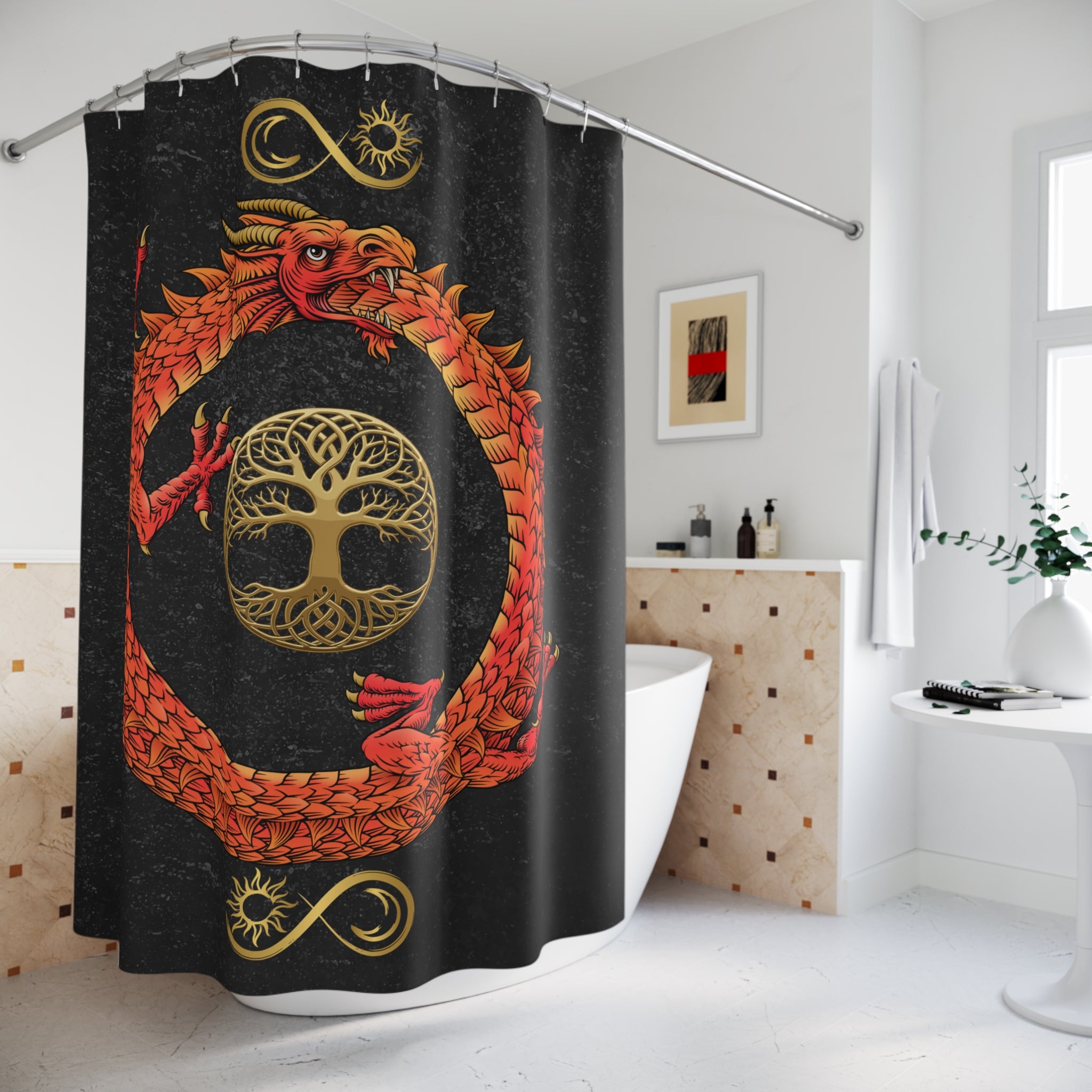 Ouroboros Dragon Shower Curtain — Celtic Tree of Life Bathroom Decor