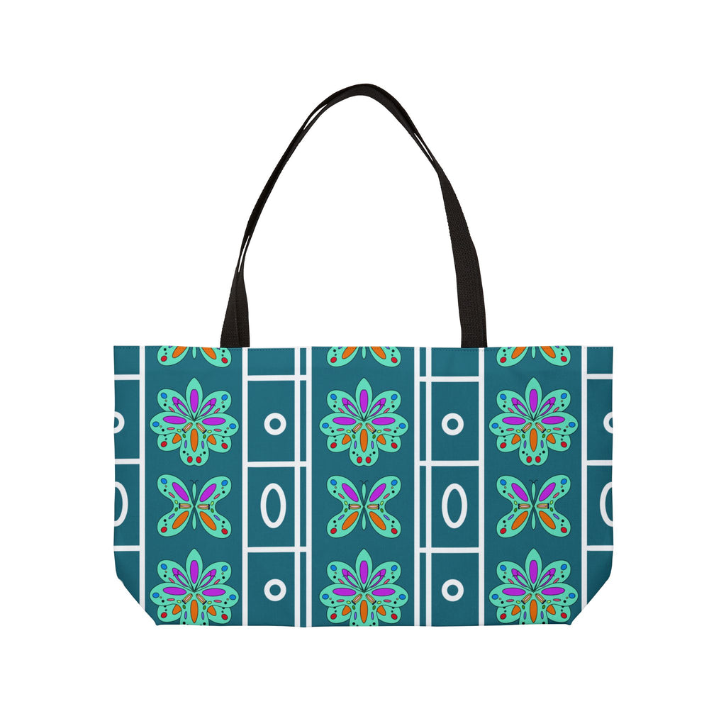 Patterned Weekender Tote Bag — Teal Floral Geometric Travel Bag