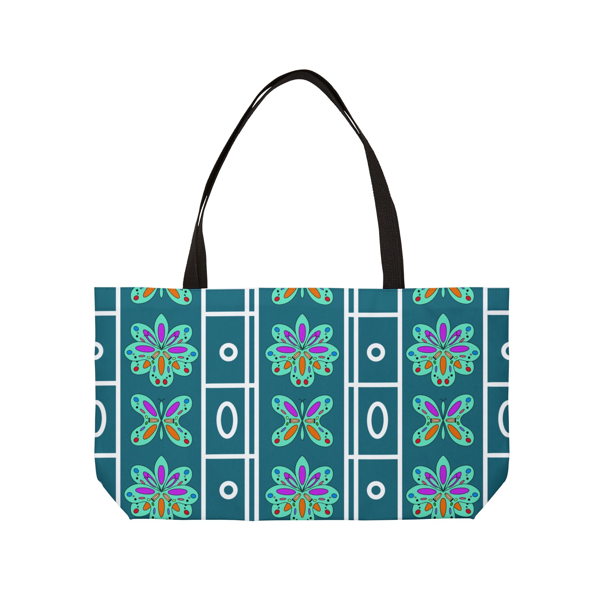 Patterned Weekender Tote Bag — Teal Floral Geometric Travel Bag