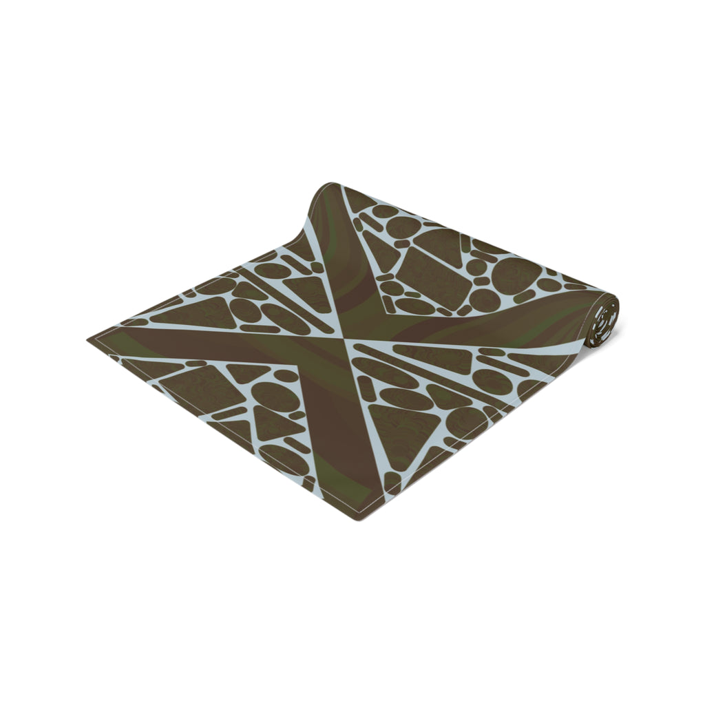 Geometric Mosaic Table Runner — Brown & Sage Decorative Dining Accent