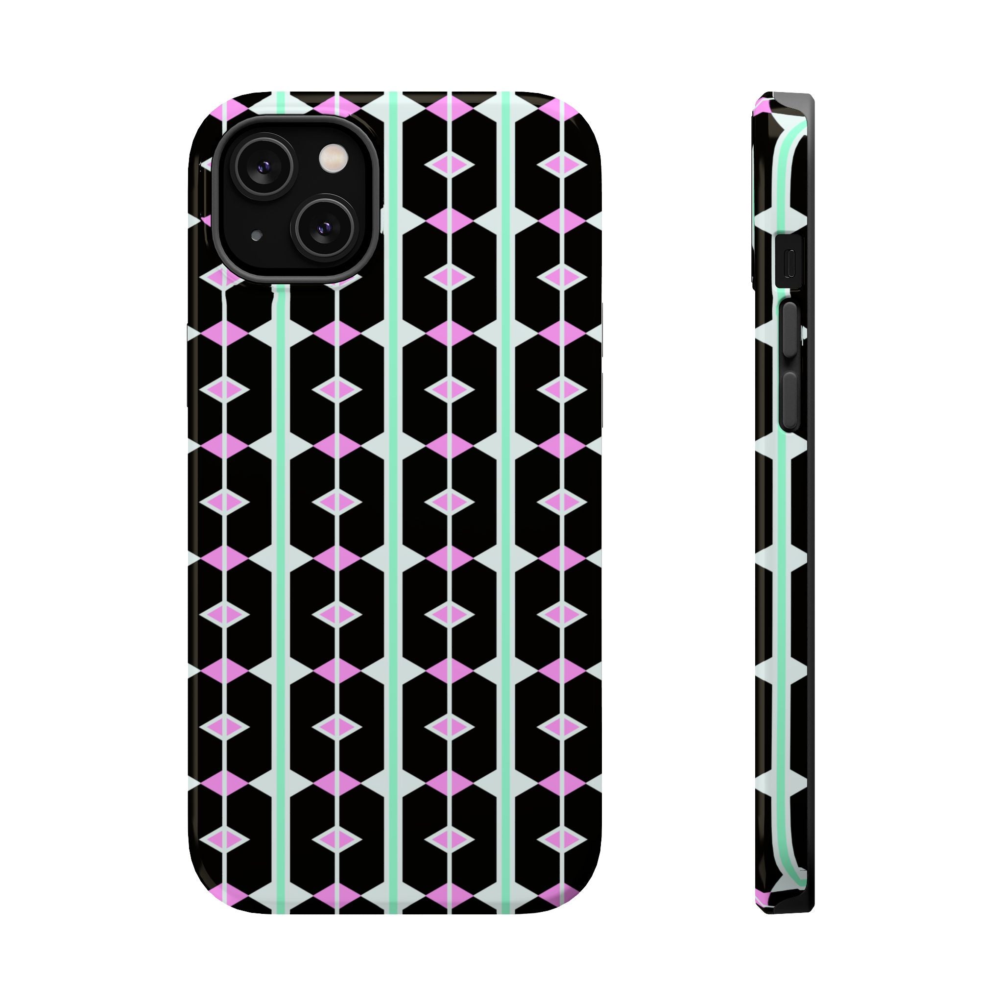 Geom Stripe Magnetic Phone Case — Black with Mint & Lavender Pattern