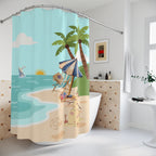 Beach Scene Shower Curtain — Tropical Palm, Umbrella & Sandperson Bathroom Decor