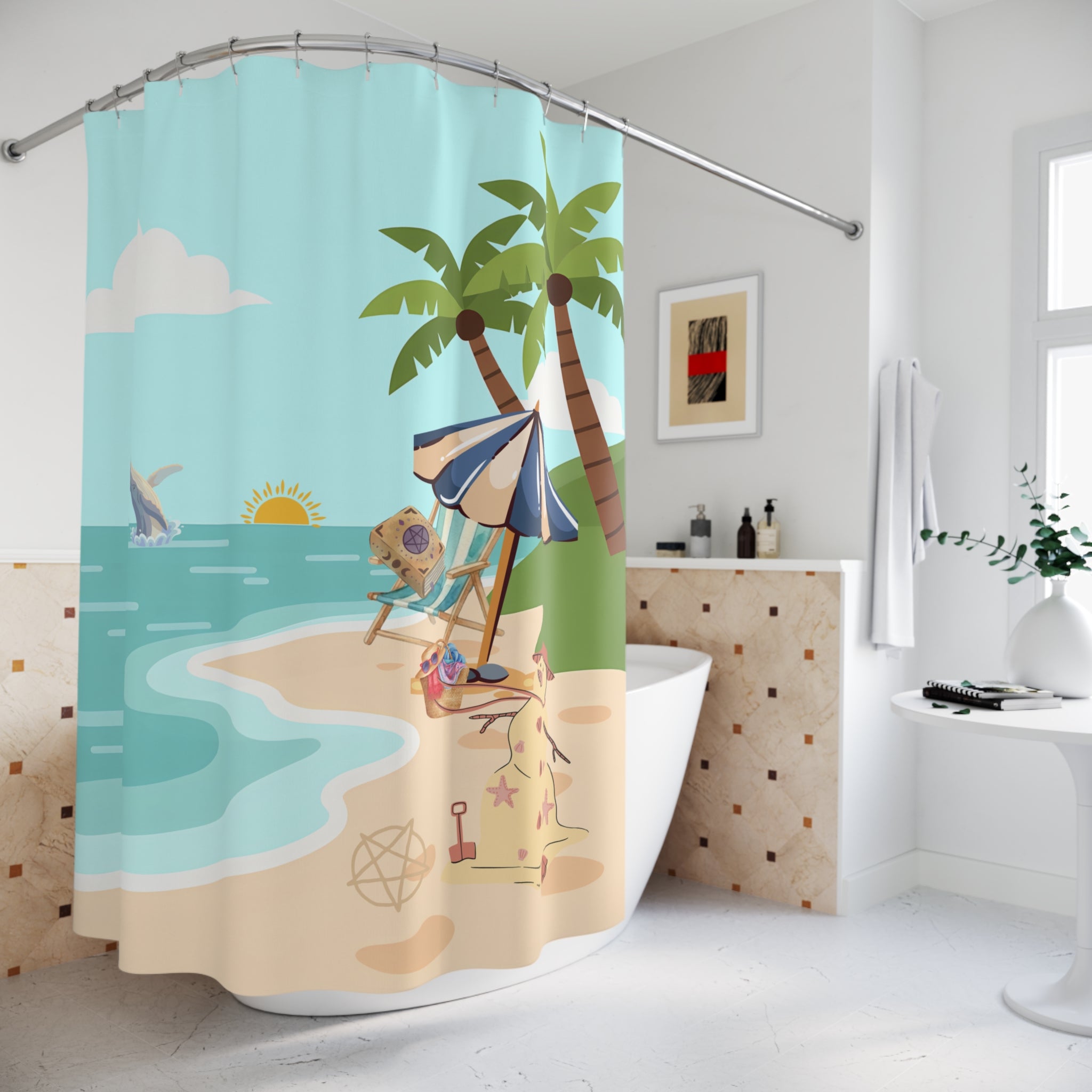 Beach Scene Shower Curtain — Tropical Palm, Umbrella & Sandperson Bathroom Decor