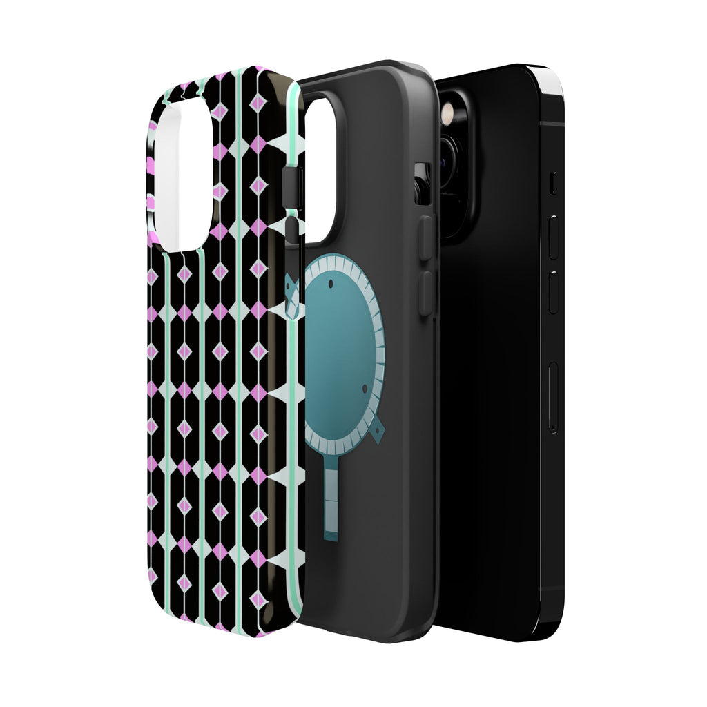 Geom Stripe Magnetic Phone Case — Black with Mint & Lavender Pattern
