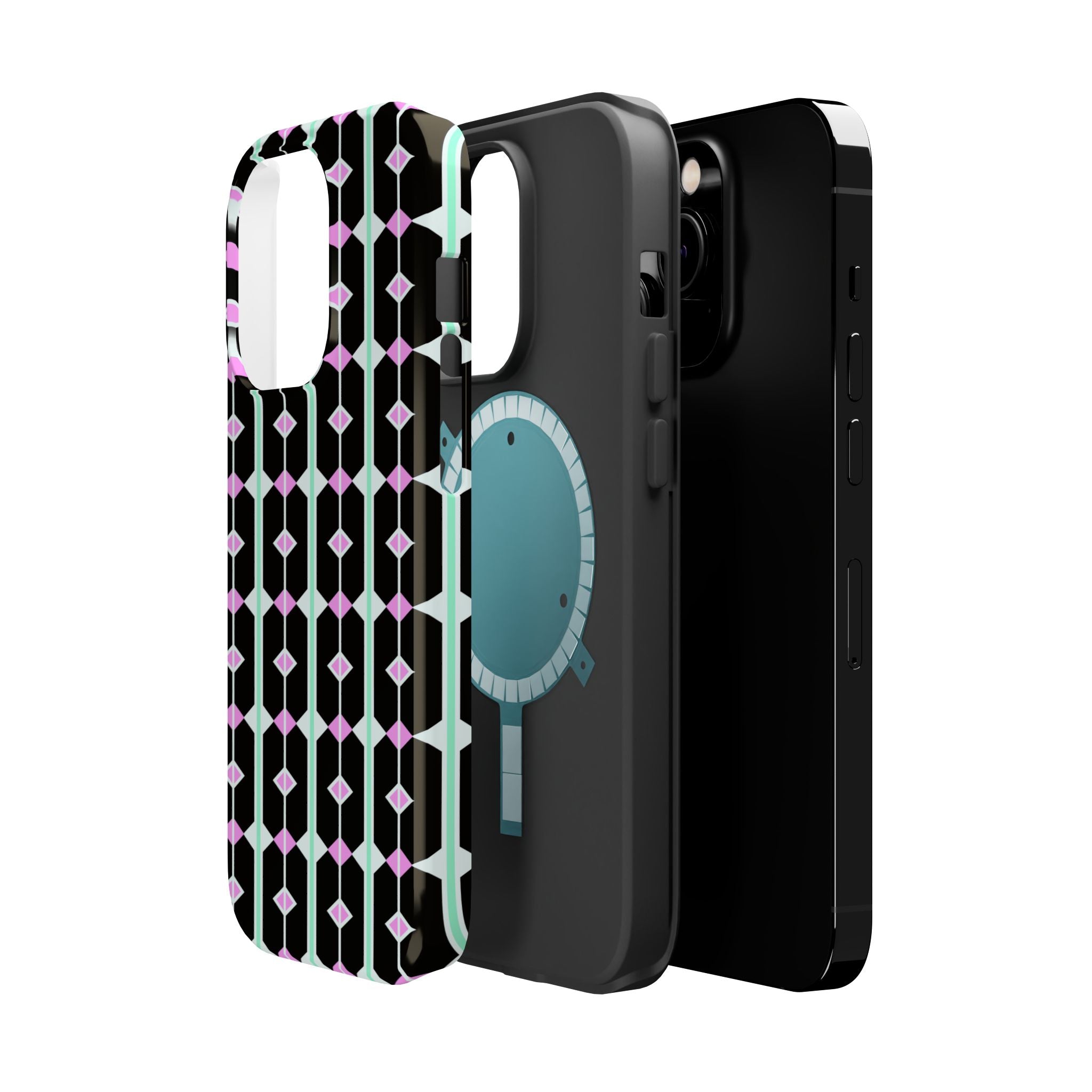 Geom Stripe Magnetic Phone Case — Black with Mint & Lavender Pattern