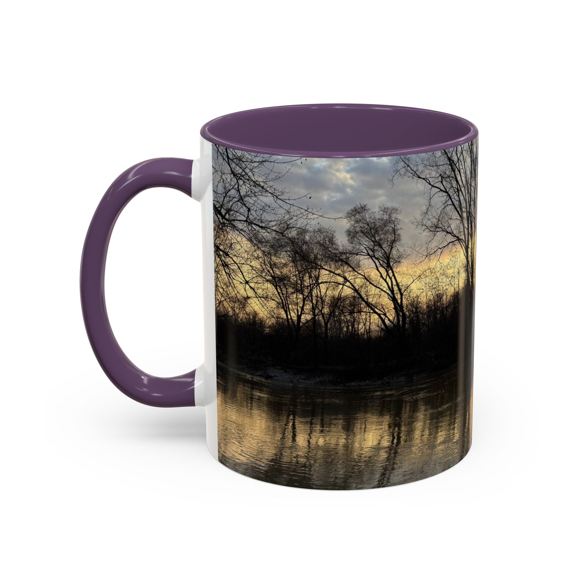 Sunset Reflection Coffee Mug — Forest Silhouette Accent Mug
