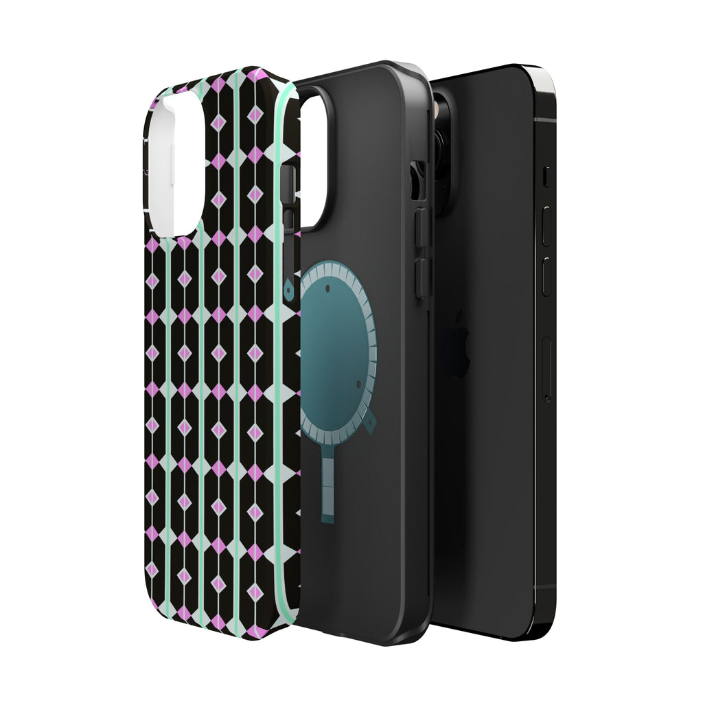 Geom Stripe Magnetic Phone Case — Black with Mint & Lavender Pattern