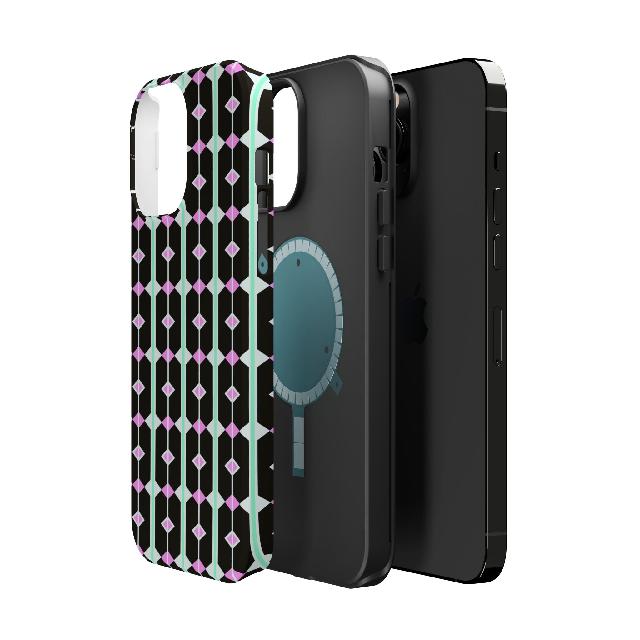 Geom Stripe Magnetic Phone Case — Black with Mint & Lavender Pattern