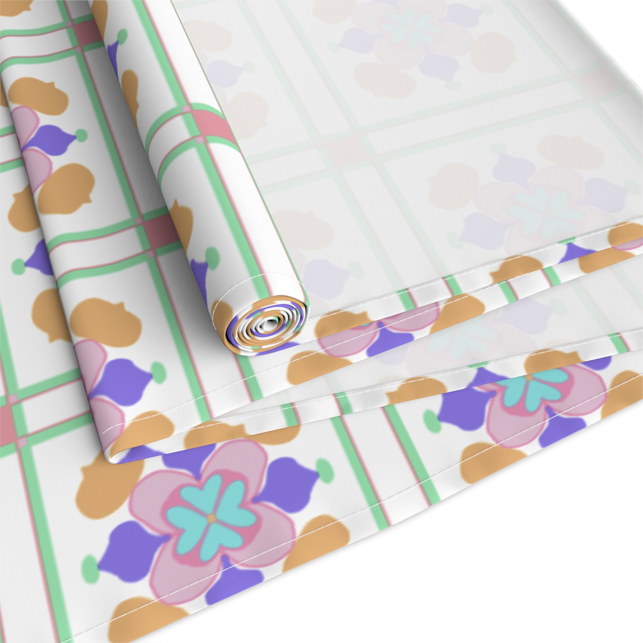 Floral Tile Table Runner — Retro Pastel Pattern Cotton-Poly Blend