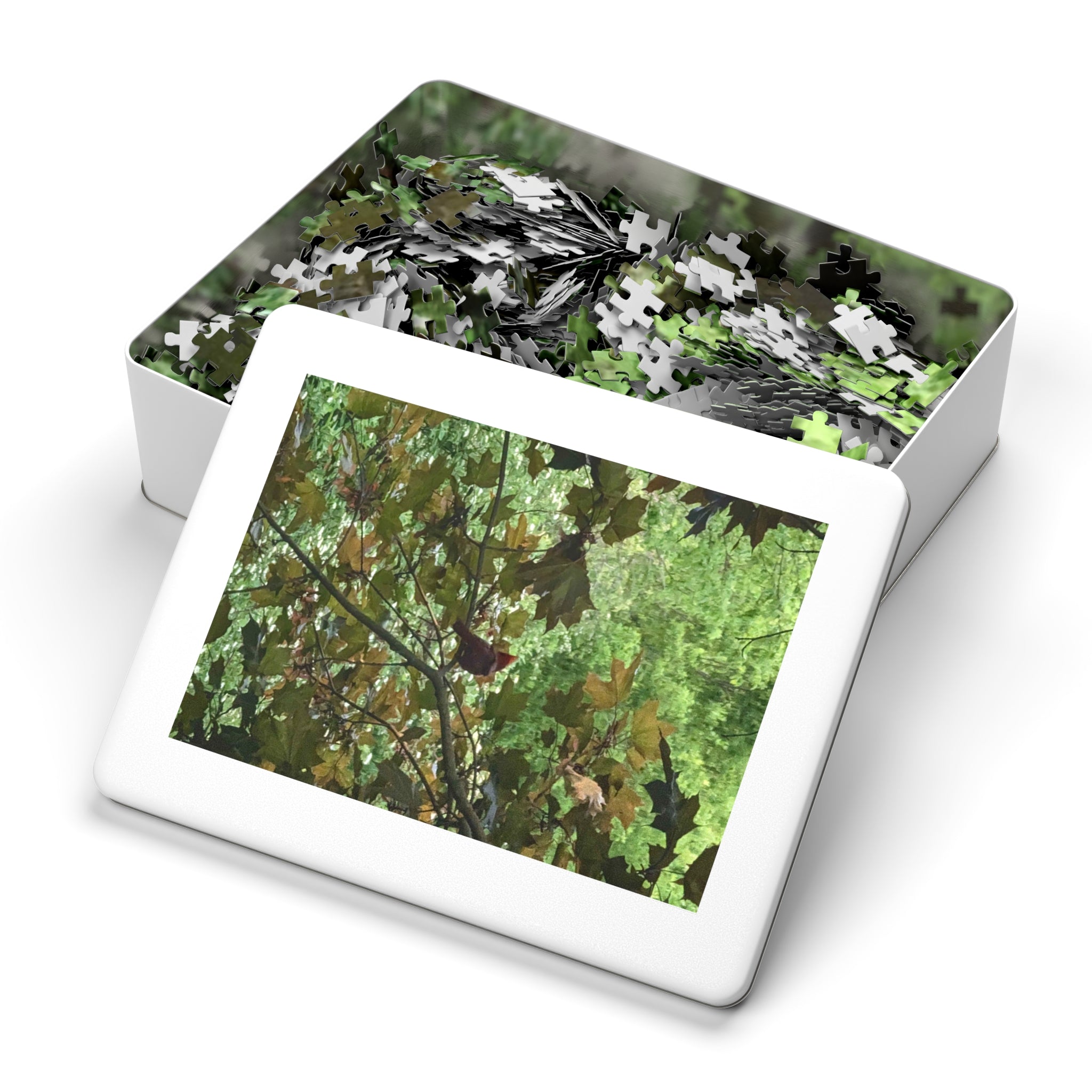 Leaf Canopy Hiding Bird Jigsaw Puzzle — Nature Puzzle with Tin