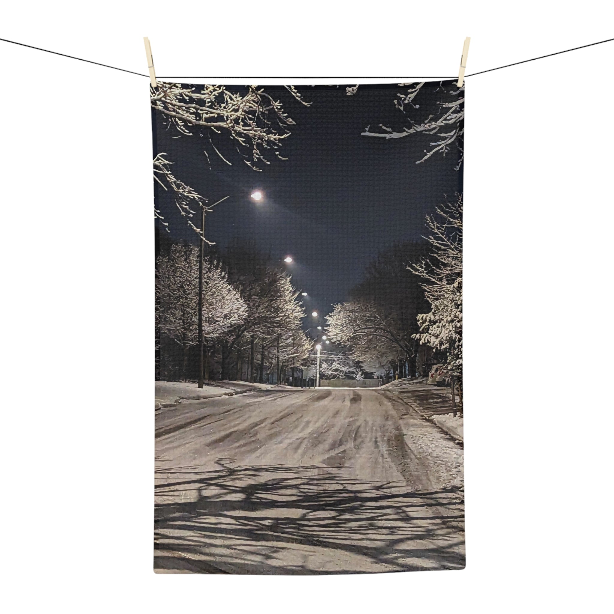 Snowy Street Night Microfiber Tea Towel — Winter Lane Kitchen Towel