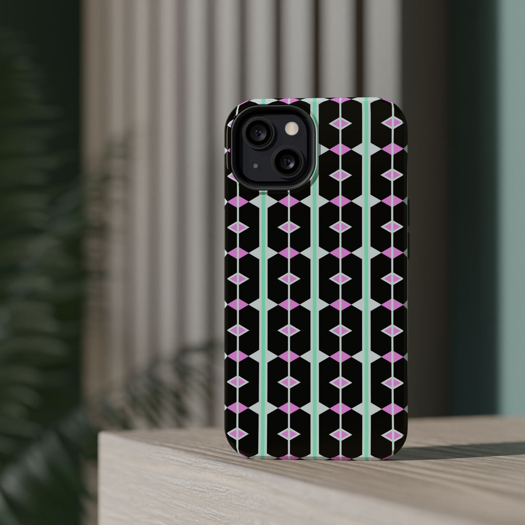 Geom Stripe Magnetic Phone Case — Black with Mint & Lavender Pattern