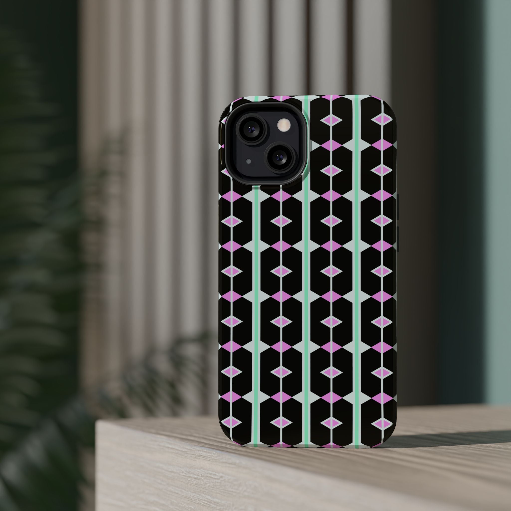 Geom Stripe Magnetic Phone Case — Black with Mint & Lavender Pattern