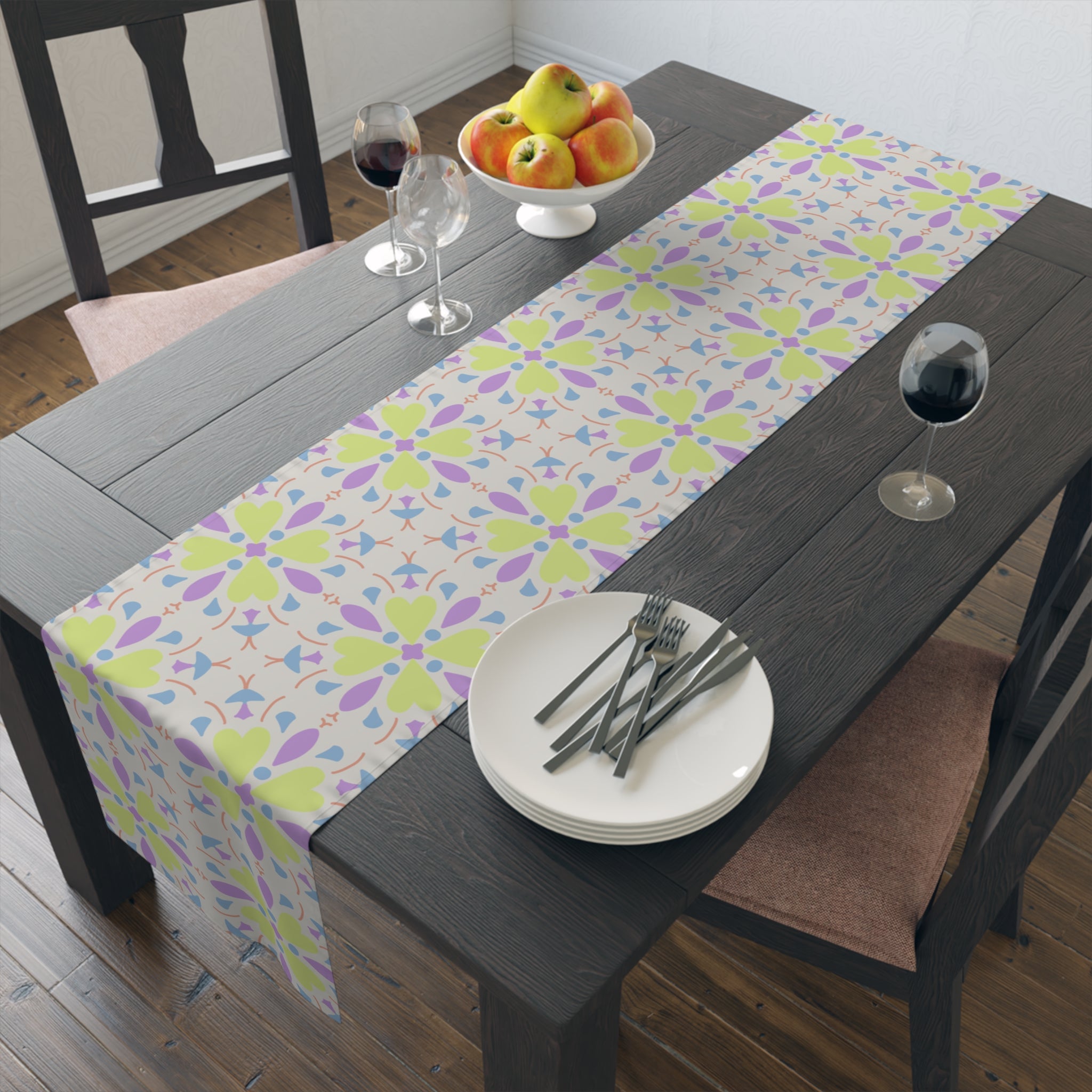 Pastel Floral Tile Table Runner — Spring Garden Dining Decor