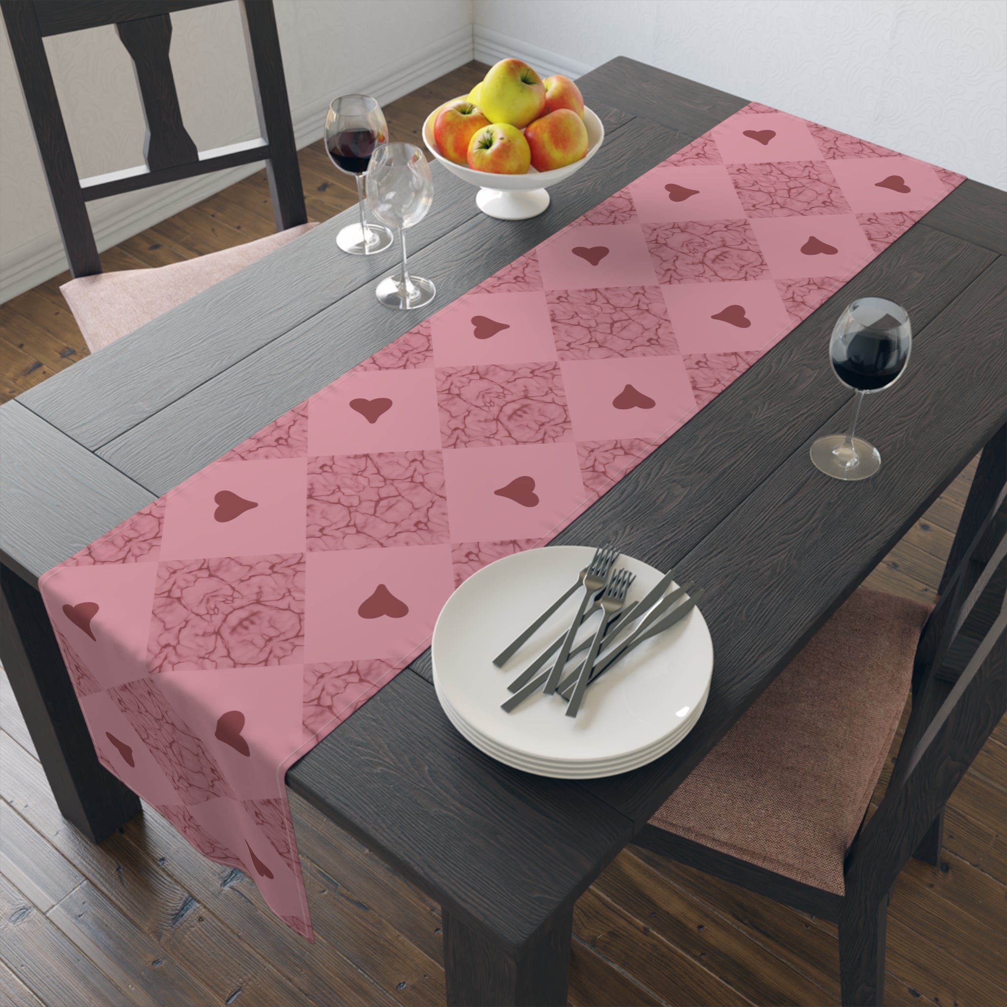 Pink Heart Patchwork Table Runner - Romantic Valentine Dining Decor