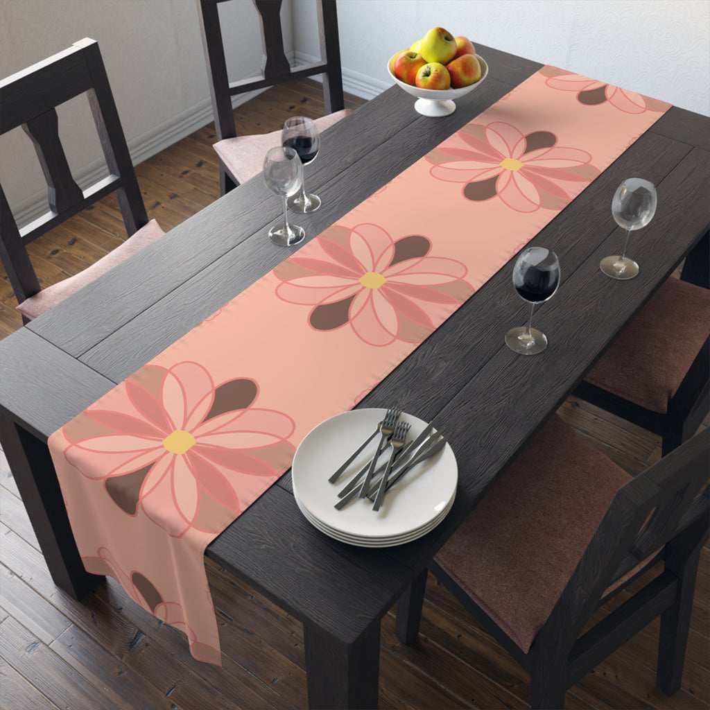 Pink Floral Table Runner — Retro Flower Pattern Cotton-Poly Table Runner