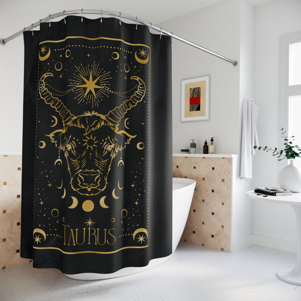 Taurus Zodiac Shower Curtain — Gold Celestial Bull Astrology Bathroom Decor