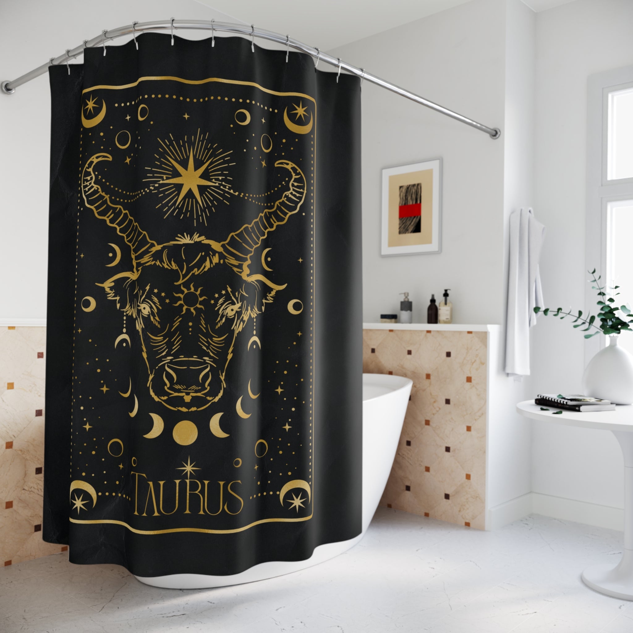 Taurus Zodiac Shower Curtain — Gold Celestial Bull Astrology Bathroom Decor