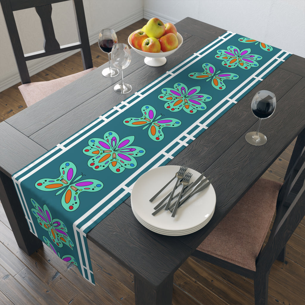 Floral Mosaic Table Runner — Teal Boho Dining Decor
