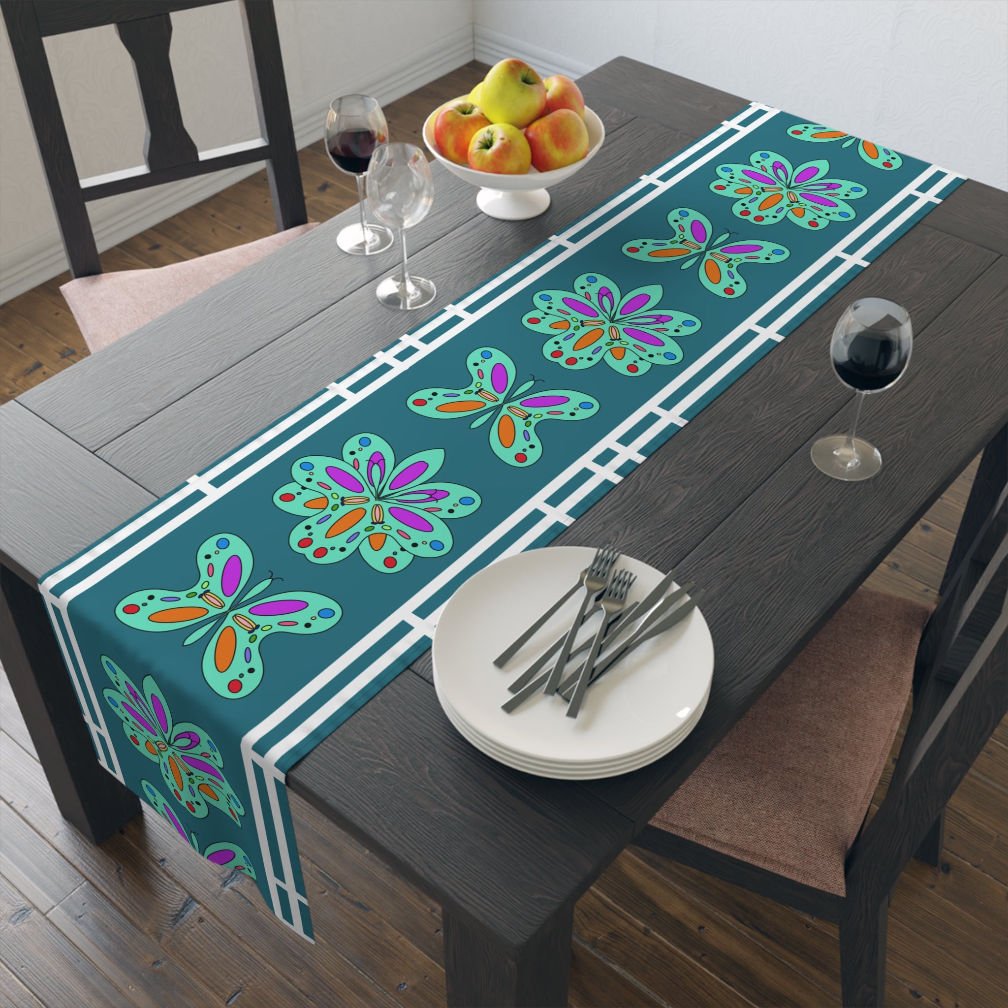 Floral Mosaic Table Runner — Teal Boho Dining Decor