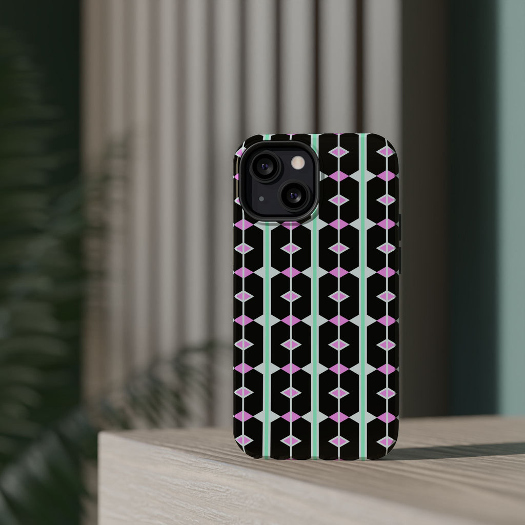Geom Stripe Magnetic Phone Case — Black with Mint & Lavender Pattern