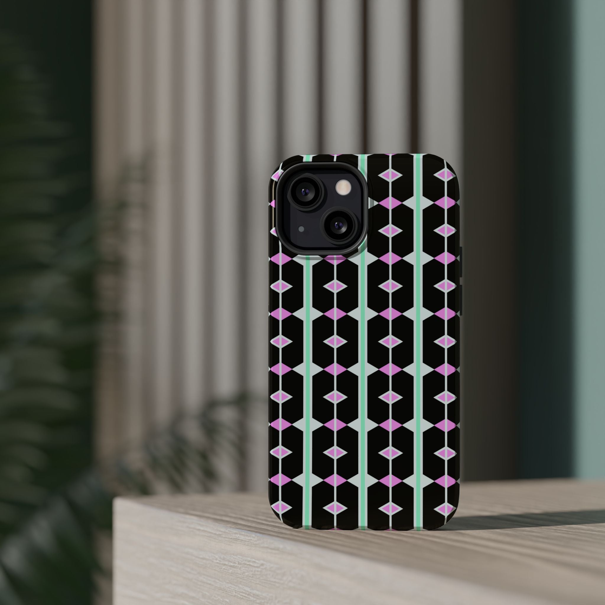 Geom Stripe Magnetic Phone Case — Black with Mint & Lavender Pattern