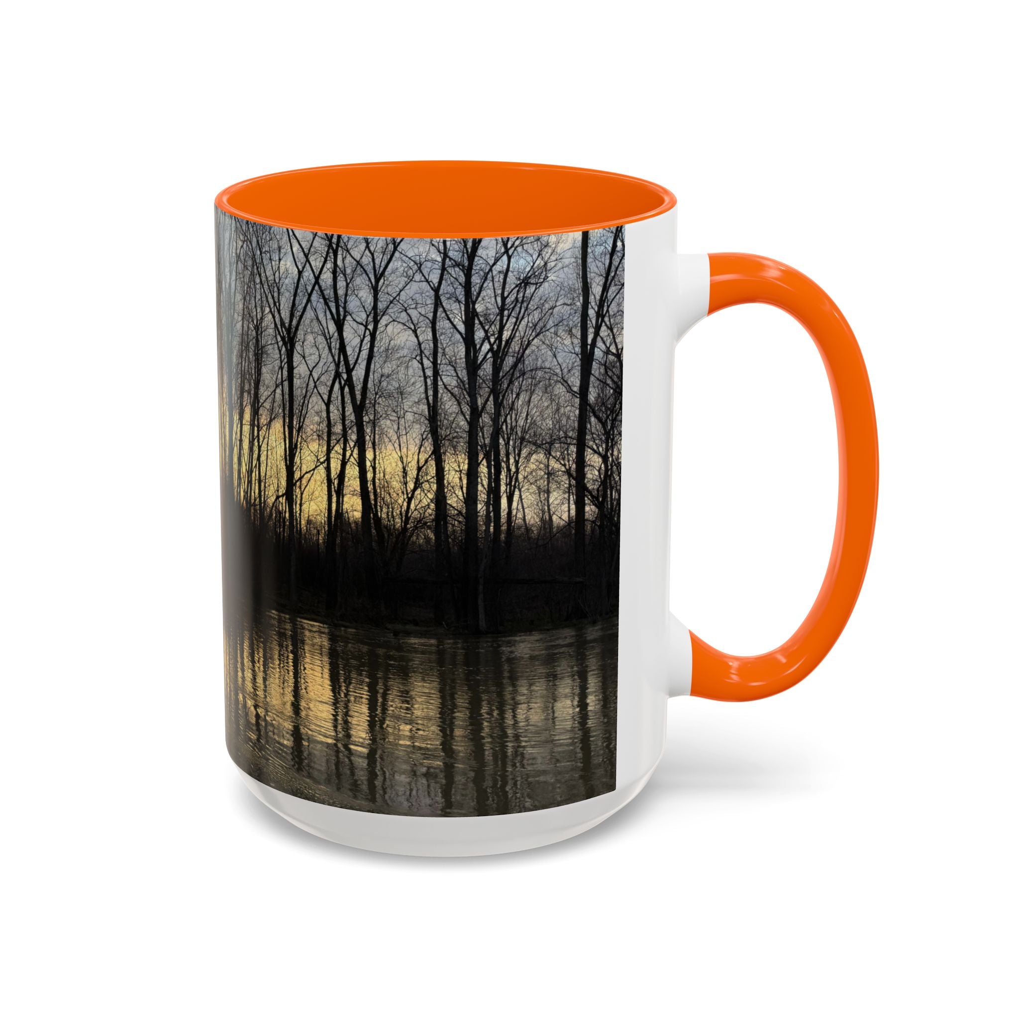Sunset Reflection Coffee Mug — Forest Silhouette Accent Mug