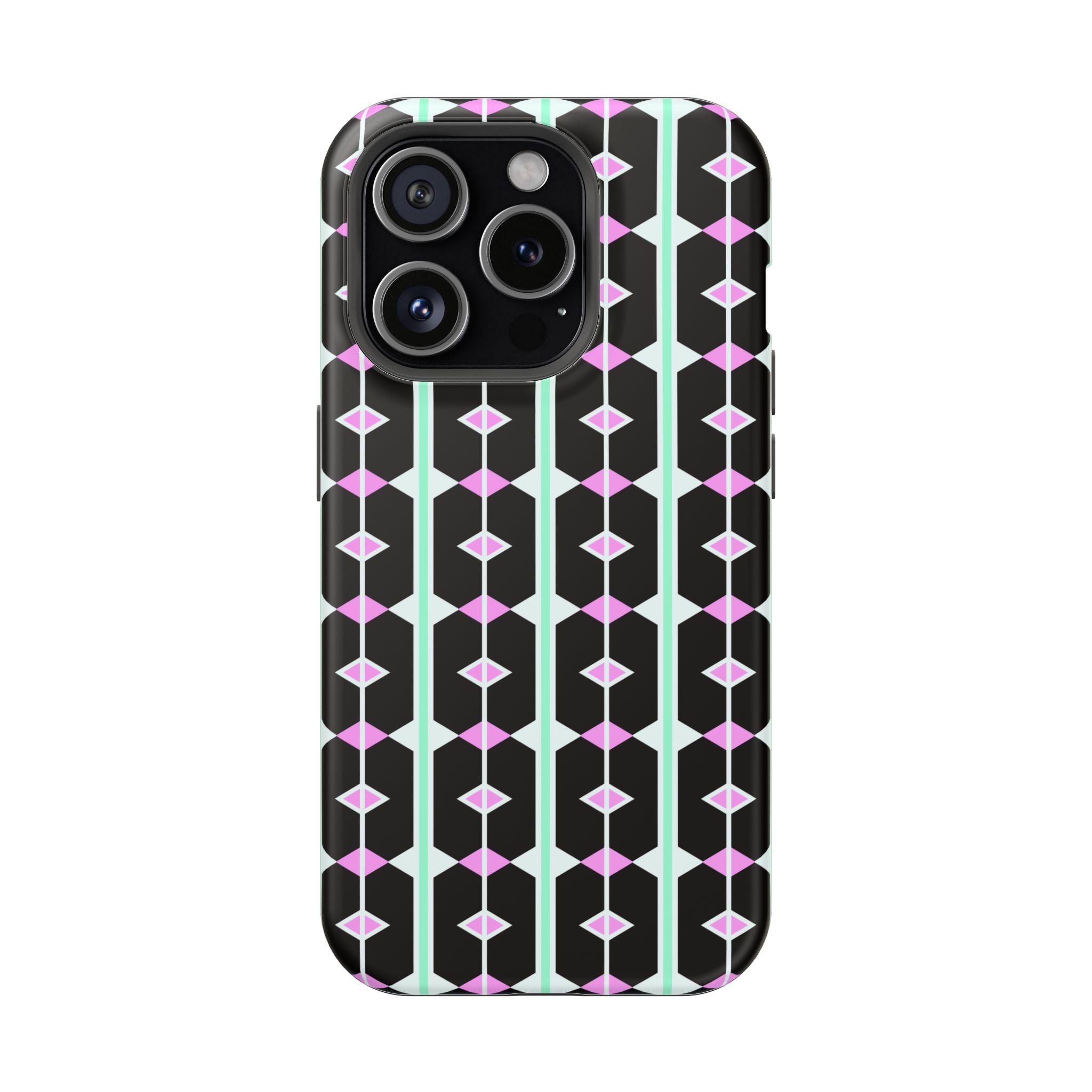 Geom Stripe Magnetic Phone Case — Black with Mint & Lavender Pattern