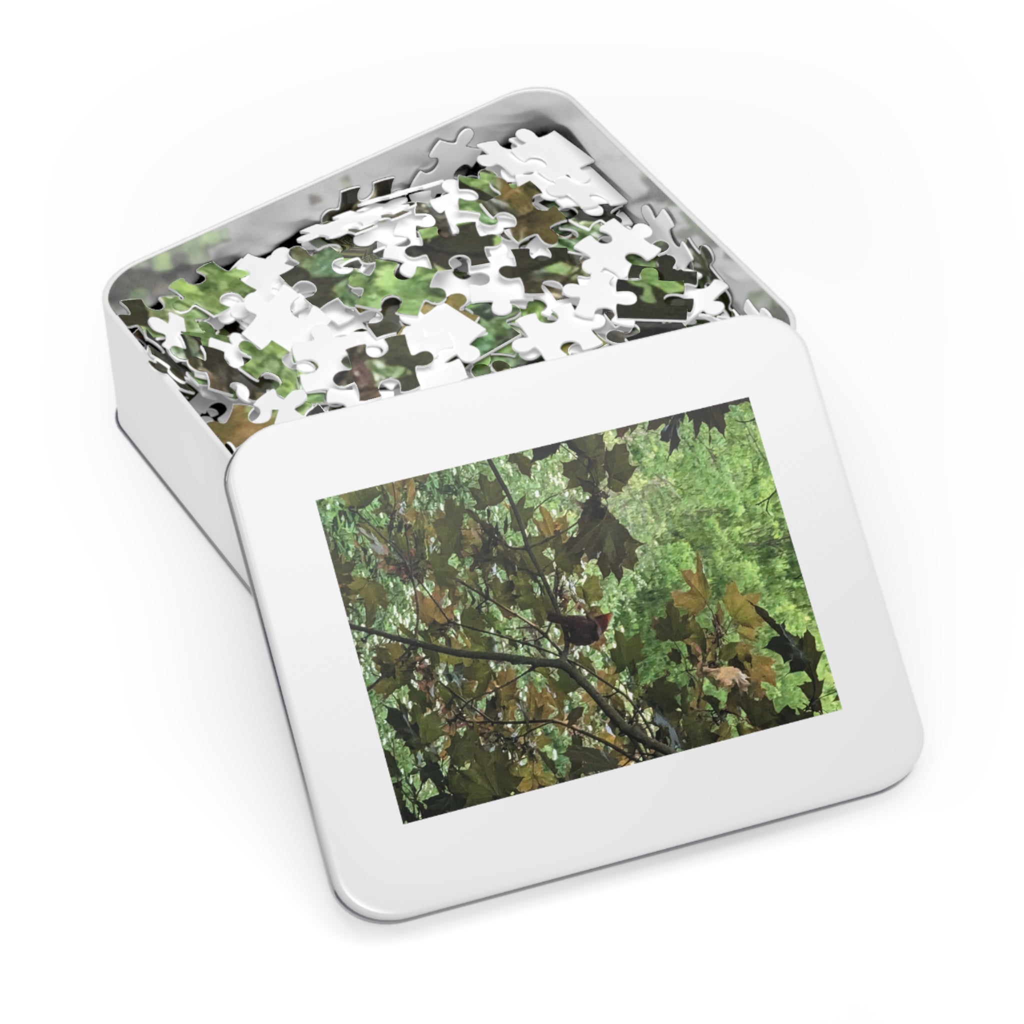 Leaf Canopy Hiding Bird Jigsaw Puzzle — Nature Puzzle with Tin