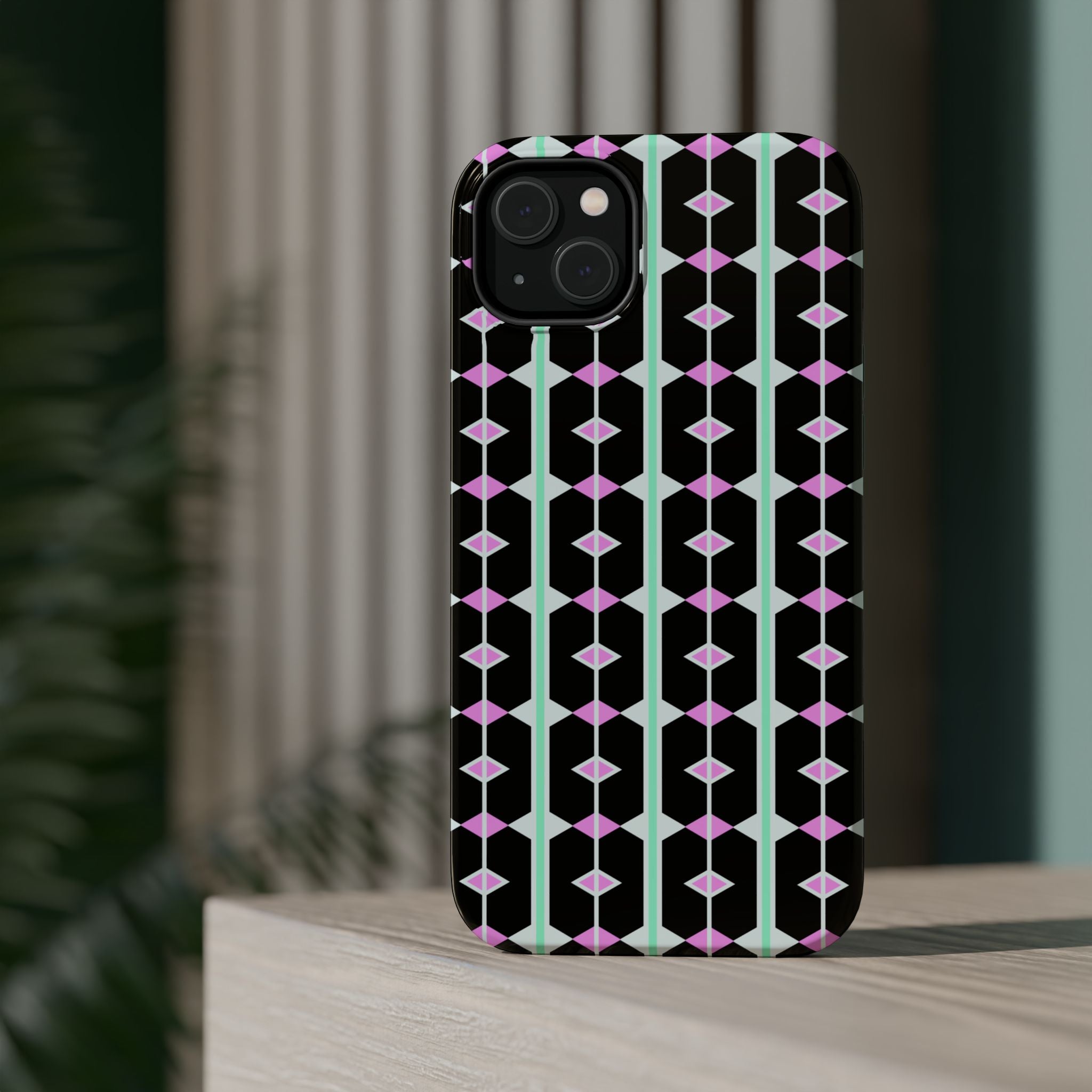 Geom Stripe Magnetic Phone Case — Black with Mint & Lavender Pattern