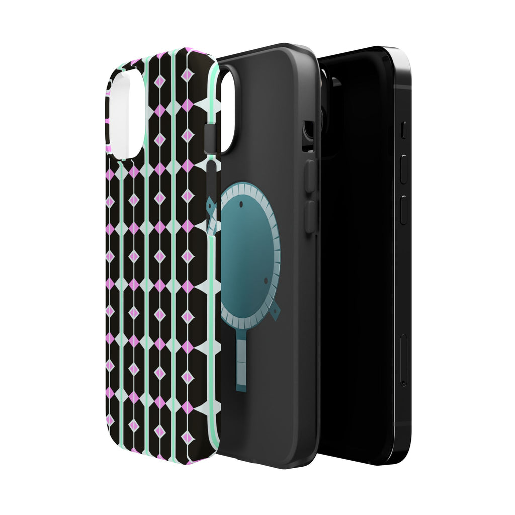 Geom Stripe Magnetic Phone Case — Black with Mint & Lavender Pattern