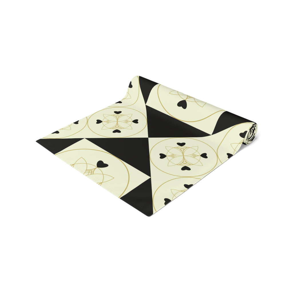 Geometric Heart Quilt Table Runner — Black & Cream Modern Farmhouse Decor