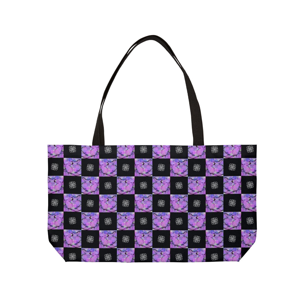 Purple Checkerboard Weekender Tote Bag — Floral Pattern Overnight Bag