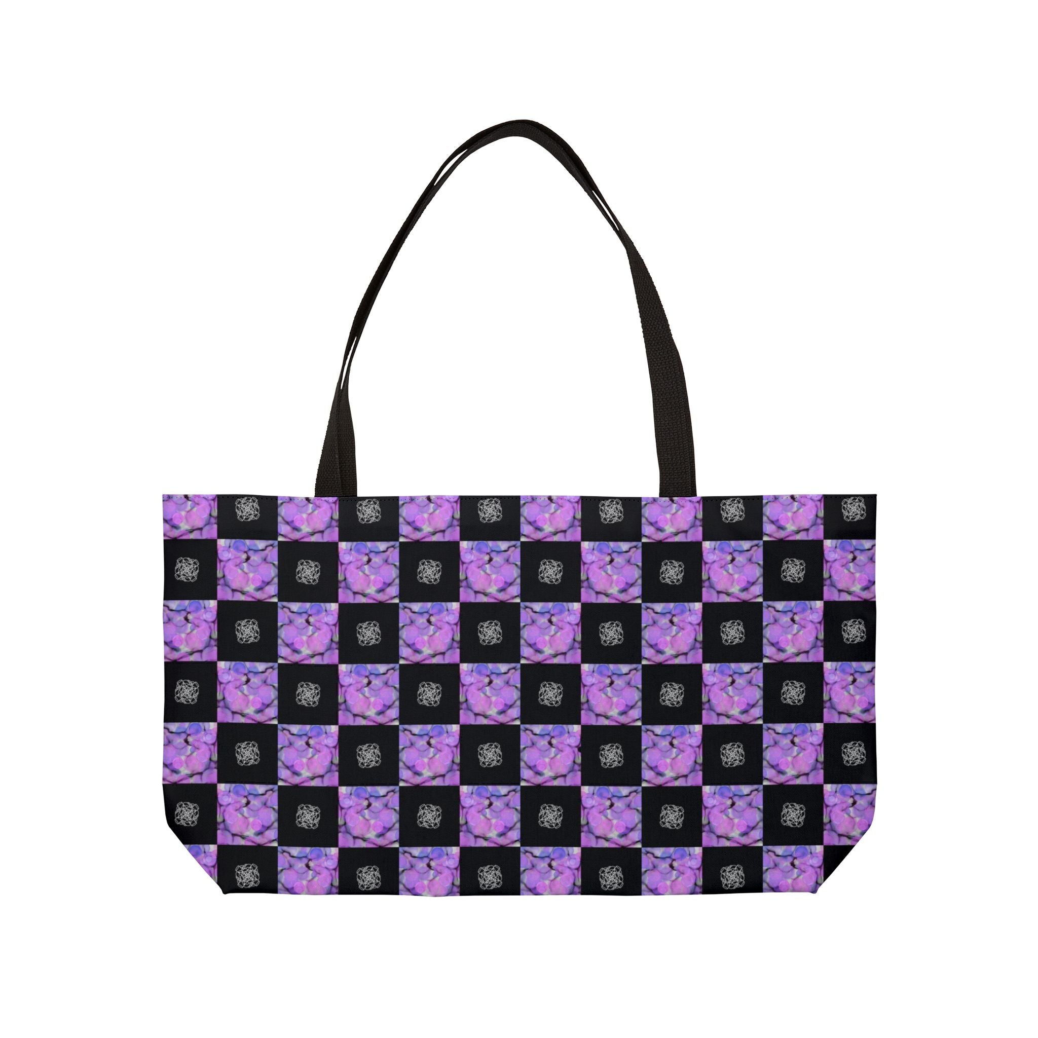Purple Checkerboard Weekender Tote Bag — Floral Pattern Overnight Bag