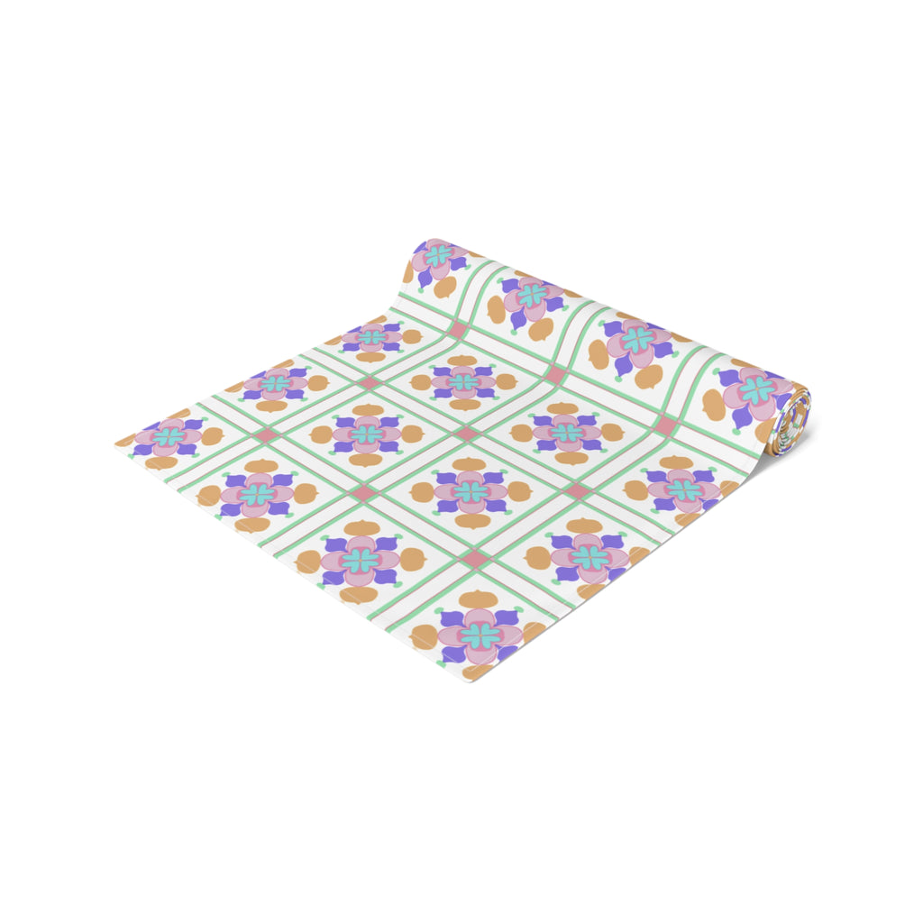 Floral Tile Table Runner — Retro Pastel Pattern Cotton-Poly Blend