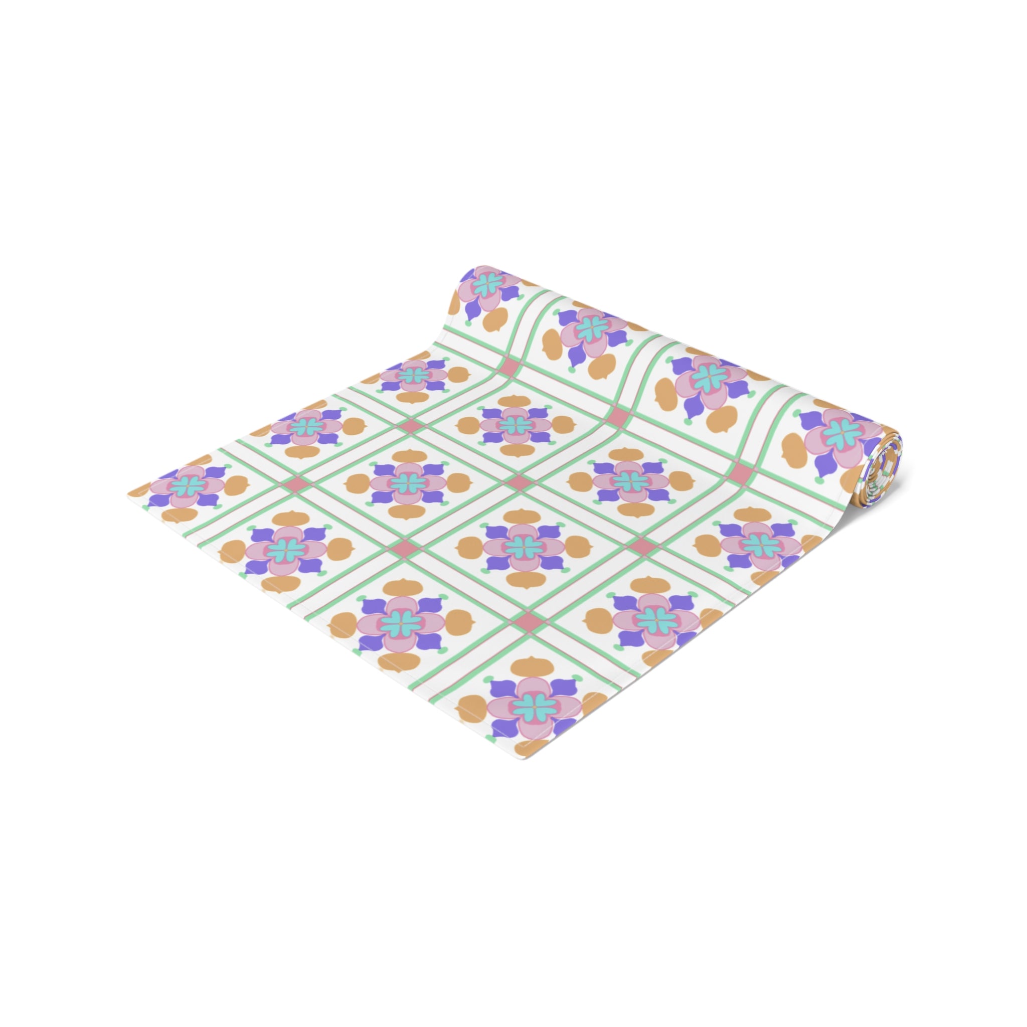Floral Tile Table Runner — Retro Pastel Pattern Cotton-Poly Blend