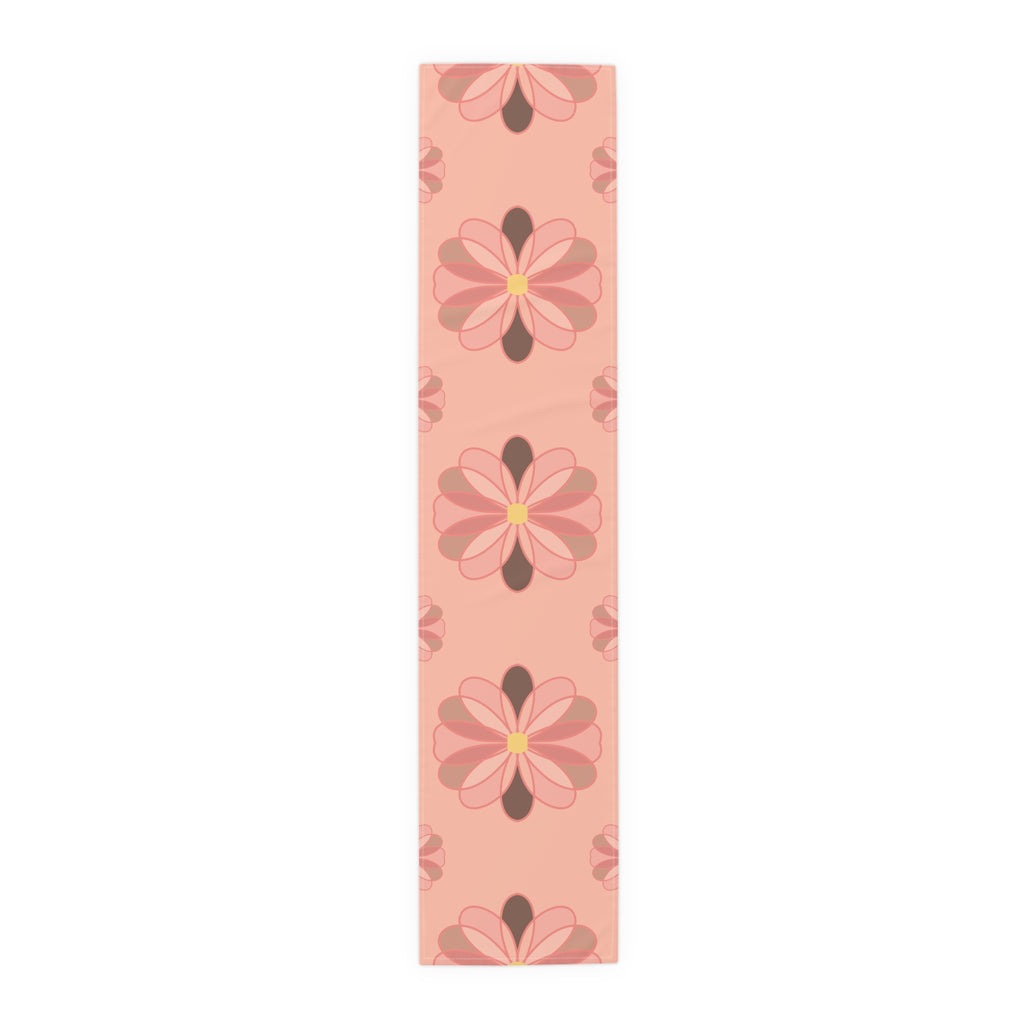 Pink Floral Table Runner — Retro Flower Pattern Cotton-Poly Table Runner