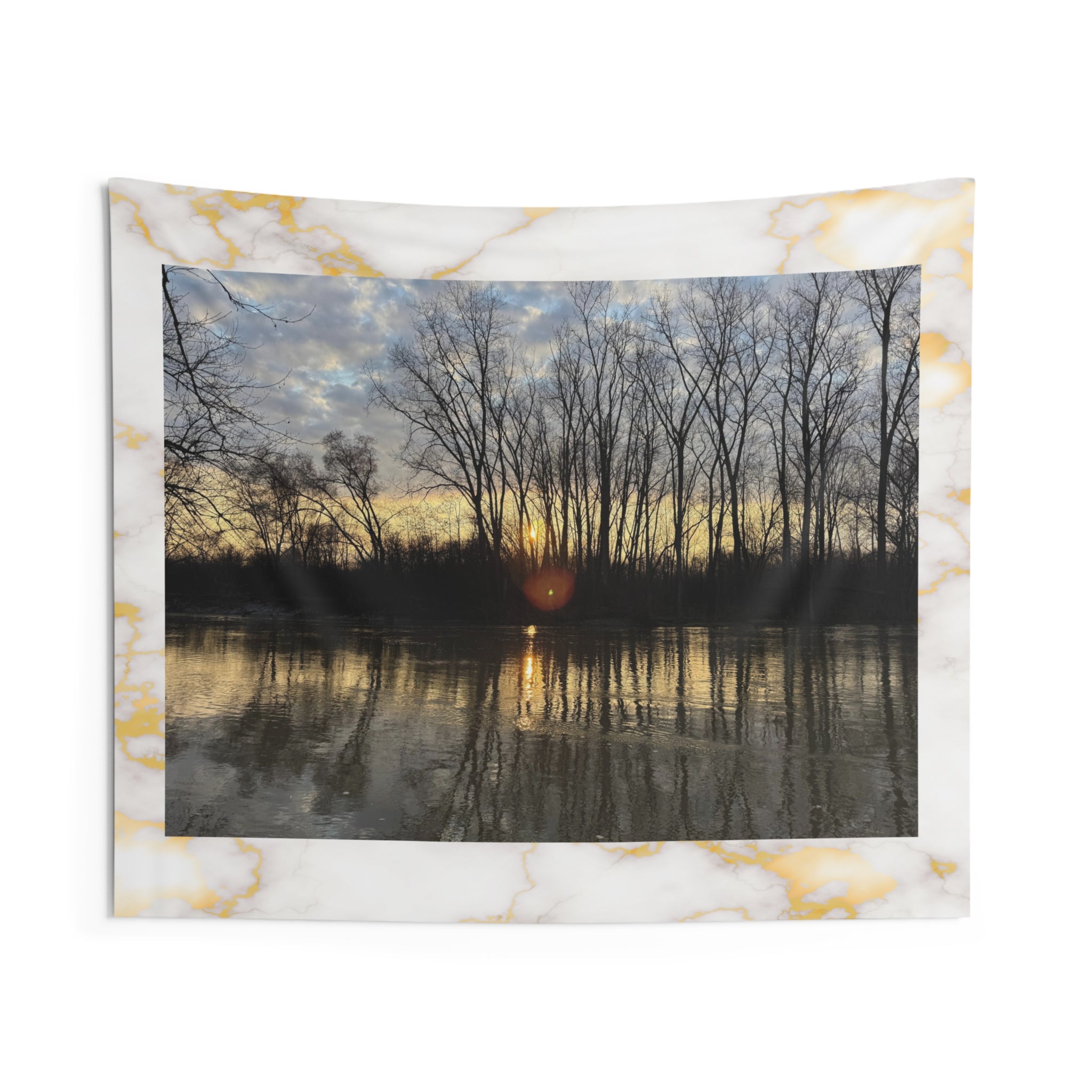 Sunset Lake Tapestry — Tranquil Forest Reflection Wall Hanging