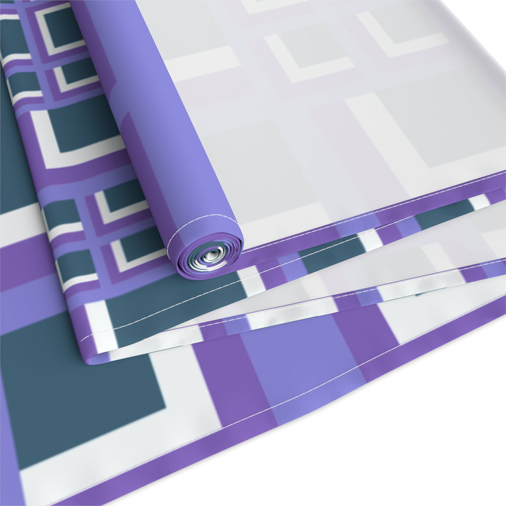Geometric Purple Square Table Runner — Modern Retro Pattern Cotton-Poly Blend