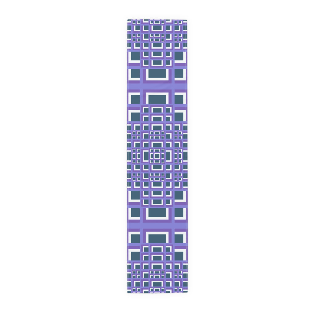 Geometric Purple Square Table Runner — Modern Retro Pattern Cotton-Poly Blend