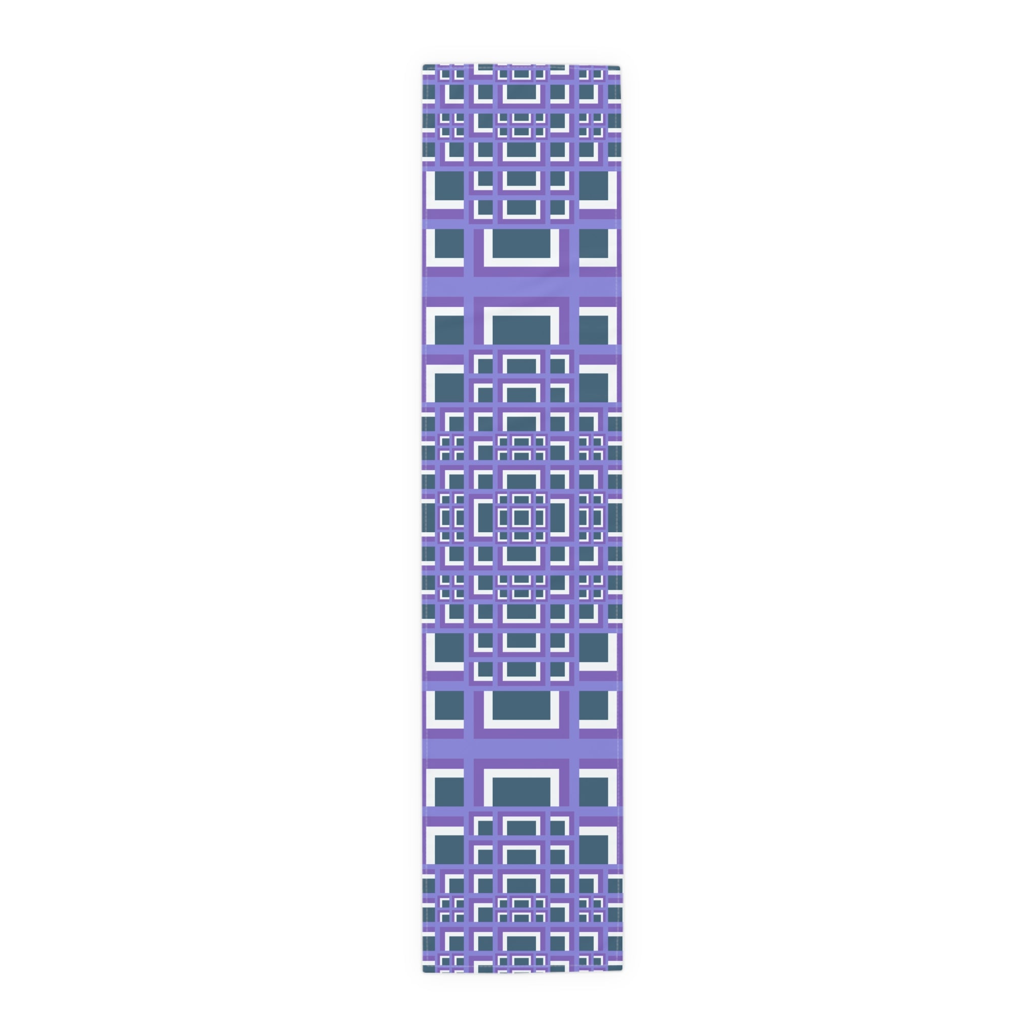 Geometric Purple Square Table Runner — Modern Retro Pattern Cotton-Poly Blend