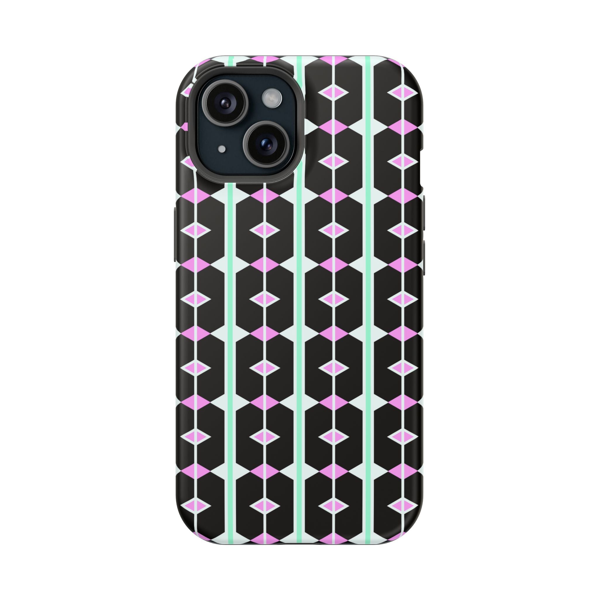Geom Stripe Magnetic Phone Case — Black with Mint & Lavender Pattern