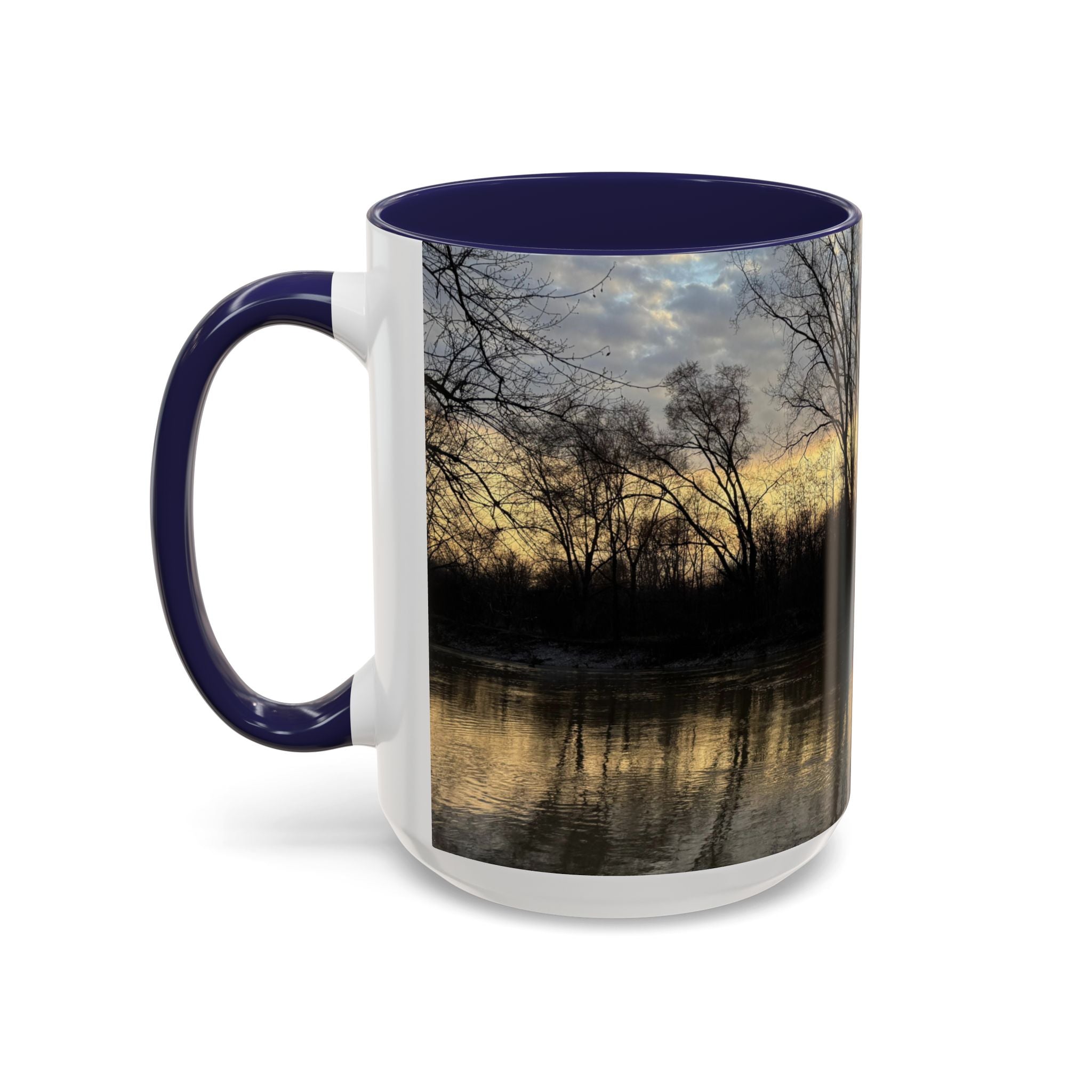 Sunset Reflection Coffee Mug — Forest Silhouette Accent Mug